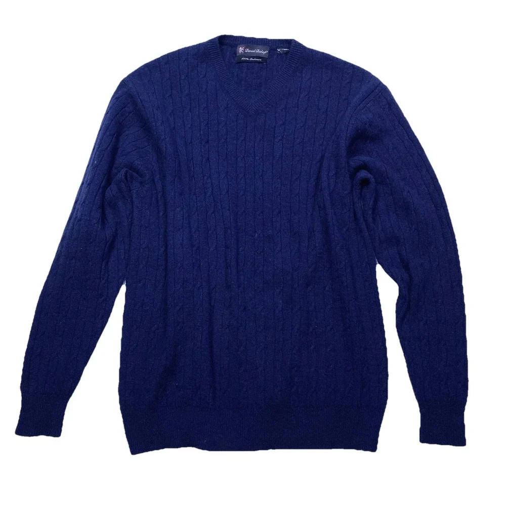 Daniel Bishop Classic Cashmere Mens Navy Blue Cable Knit V Neck Sweater Size XL